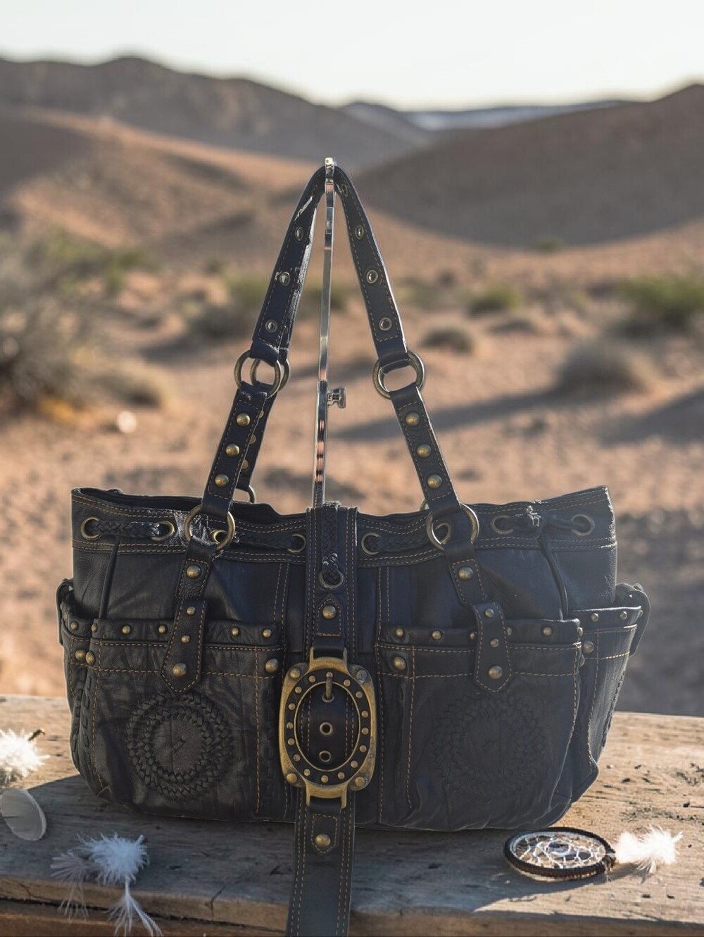 Betsey Johnson Vintage Leather Western Boho Studded Satchel